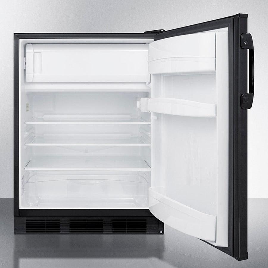Summit 24" Wide Refrigerator-Freezer with 5.1 cu. ft. Capacity, 3 Glass Shelves, Right Hinge with Reversible Doors, Crisper Drawer, Cycle Defrost, CFC Free, Adjustable Thermostat, Dual Evaporator Cooling - CT66BK - The Home Selection