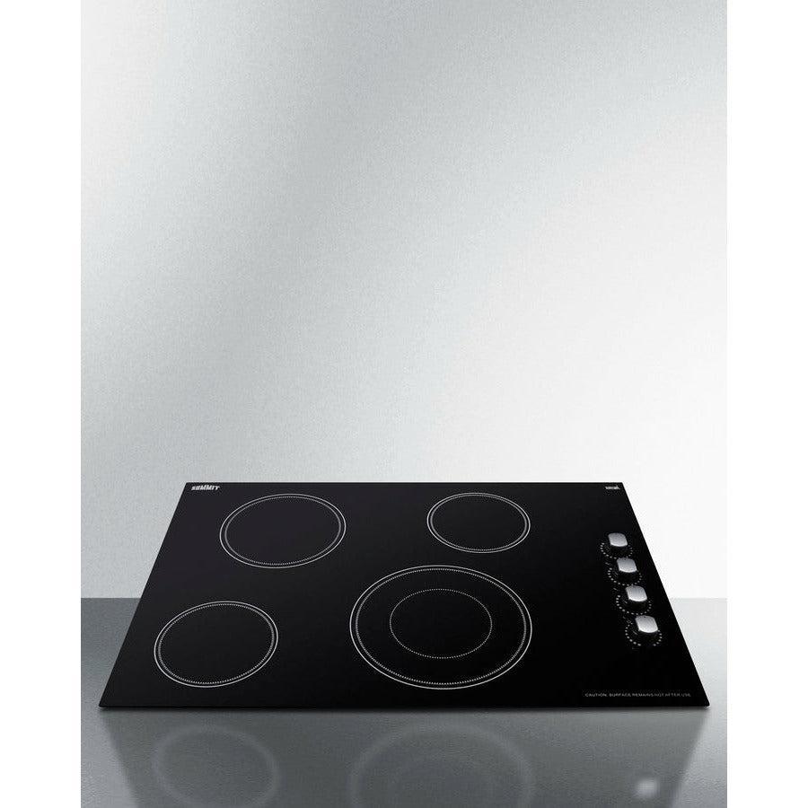 Summit 30" Wide 208-240V 4-Burner Radiant Cooktop with 4 Elements, Hot Surface Indicator, ETL Safety Listed, Push-to-Turn Knobs, ETL, Residual Heat Indicator Light, EuroKera Glass Surface in Black - CR4B30MB - The Home Selection
