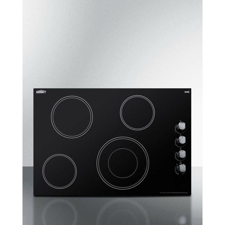 Summit 30" Wide 208-240V 4-Burner Radiant Cooktop with 4 Elements, Hot Surface Indicator, ETL Safety Listed, Push-to-Turn Knobs, ETL, Residual Heat Indicator Light, EuroKera Glass Surface in Black - CR4B30MB - The Home Selection