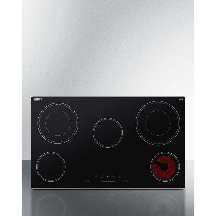 Summit 36" Wide 208-240V 5-Burner Radiant Cooktop with 5 Elements, Hot Surface Indicator, ADA Compliant, ETL Safety Listed, Child Lock, Residual Heat Indicator Light, Digital Touch Controls, EuroKera Glass Surface - CR5B36T - The Home Selection