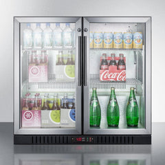 Summit 36" Wide Beverage Center with Self-Closing Glass Doors, Digital Thermostat, Automatic Defrost, Factory-Installed Locks, Adjustable Shelves - SCR7012DB - The Home Selection