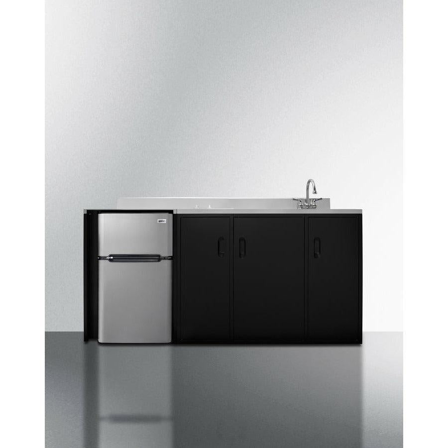 Summit 72" All-In-One Kitchenette with 3.2 cu. ft. Refrigerator-Freezer, 2 Element Electric Cooktop, Sink and Storage Cabinet in Black - CK72ADASINK - The Home Selection