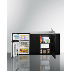 Summit 72" All-In-One Kitchenette with 3.2 cu. ft. Refrigerator-Freezer, 2 Element Electric Cooktop, Sink and Storage Cabinet in Black - CK72ADASINK - The Home Selection