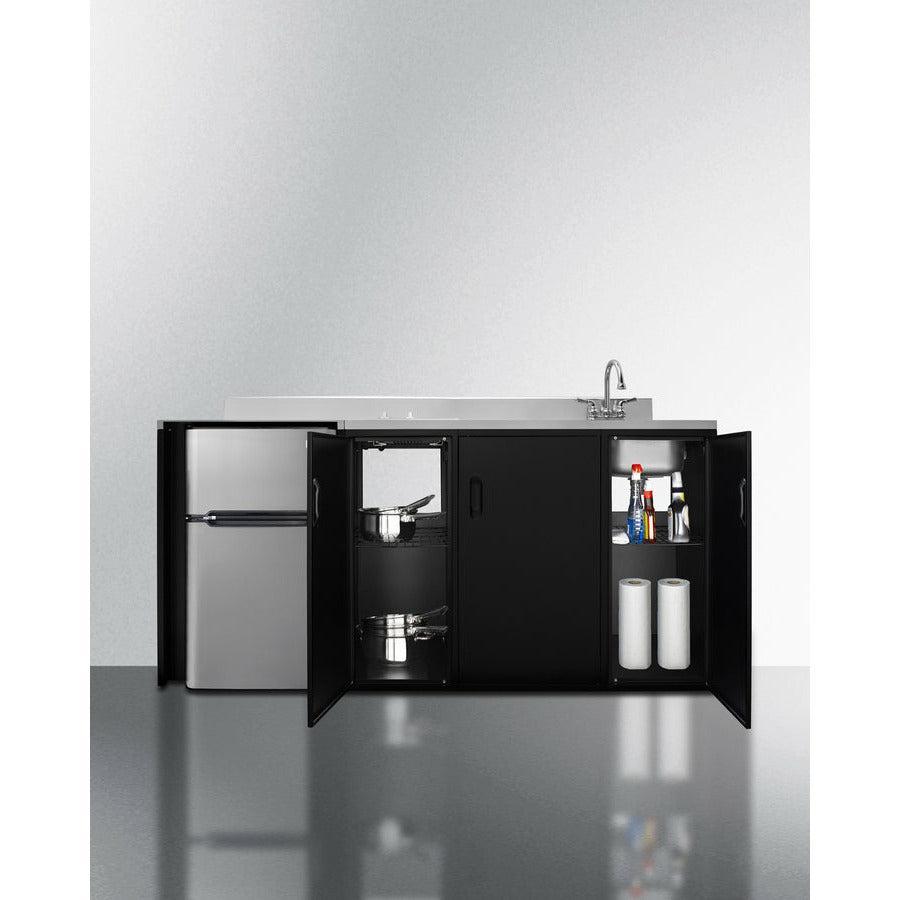 Summit 72" All-In-One Kitchenette with 3.2 cu. ft. Refrigerator-Freezer, 2 Element Electric Cooktop, Sink and Storage Cabinet in Black - CK72ADASINK - The Home Selection