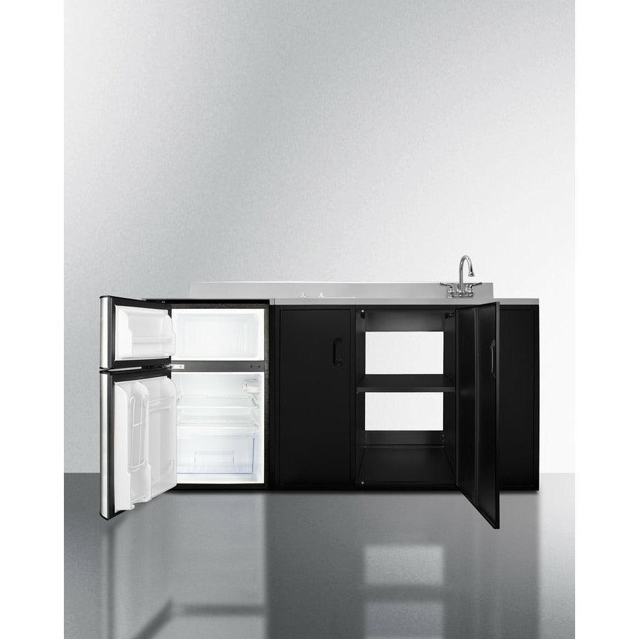 Summit 72" All-In-One Kitchenette with 3.2 cu. ft. Refrigerator-Freezer, 2 Element Electric Cooktop, Sink and Storage Cabinet in Black - CK72ADASINK - The Home Selection