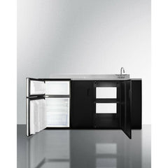 Summit 72" All-In-One Kitchenette with 3.2 cu. ft. Refrigerator-Freezer, 2 Element Electric Cooktop, Sink and Storage Cabinet in Black - CK72ADASINK - The Home Selection