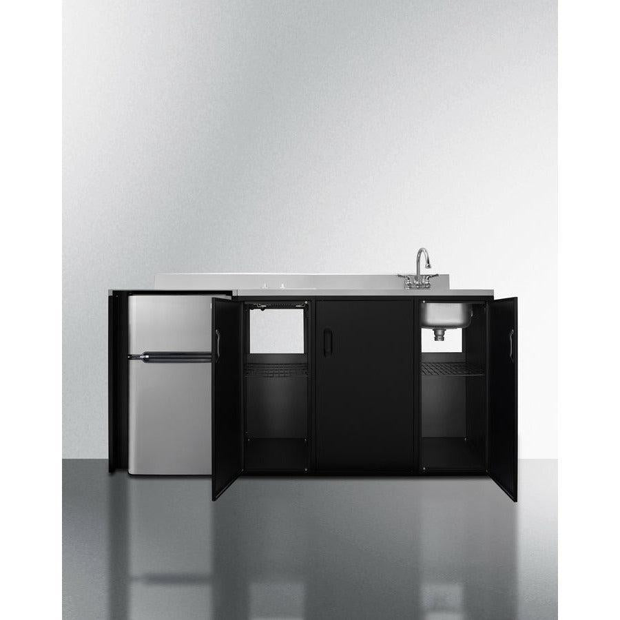Summit 72" All-In-One Kitchenette with 3.2 cu. ft. Refrigerator-Freezer, 2 Element Electric Cooktop, Sink and Storage Cabinet in Black - CK72ADASINK - The Home Selection