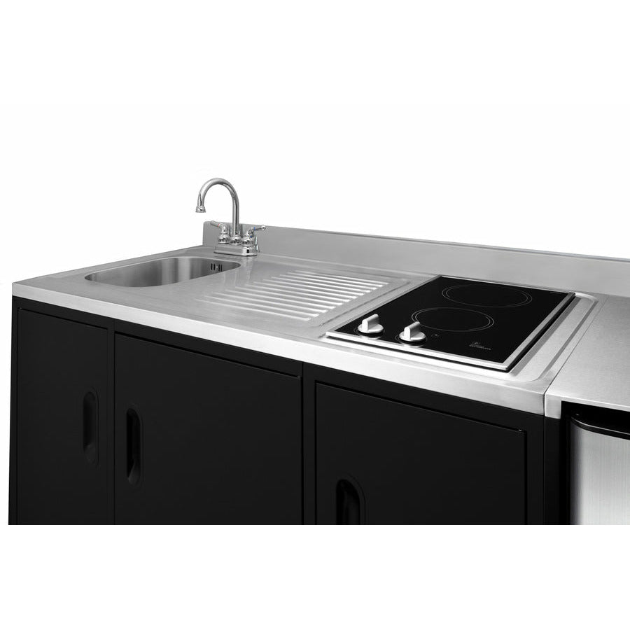 Summit 72" All-In-One Kitchenette with 3.2 cu. ft. Refrigerator-Freezer, 2 Element Electric Cooktop, Sink and Storage Cabinet in Black - CK72ADASINK - The Home Selection
