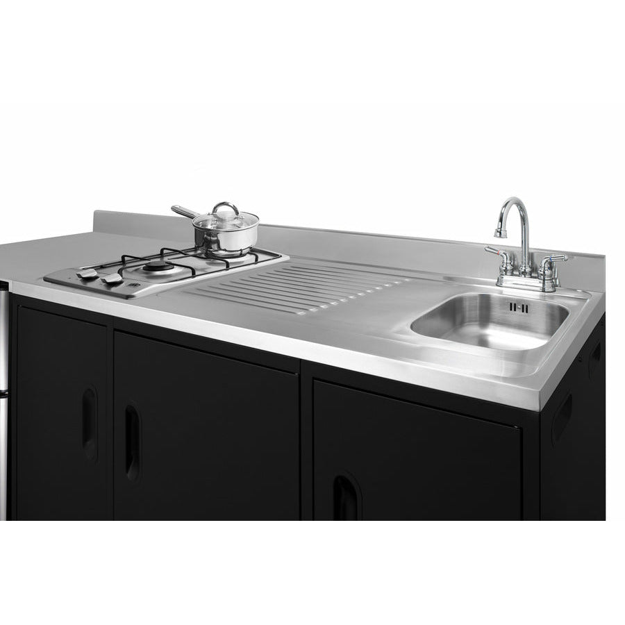 Summit 72" All-In-One Kitchenette with 3.2 cu. ft. Refrigerator-Freezer, 2 Element Electric Cooktop, Sink and Storage Cabinet in Black - CK72ADASINK - The Home Selection