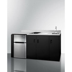 Summit 72" All-In-One Kitchenette with 3.2 cu. ft. Refrigerator-Freezer, 2 Element Electric Cooktop, Sink and Storage Cabinet in Black - CK72ADASINK - The Home Selection