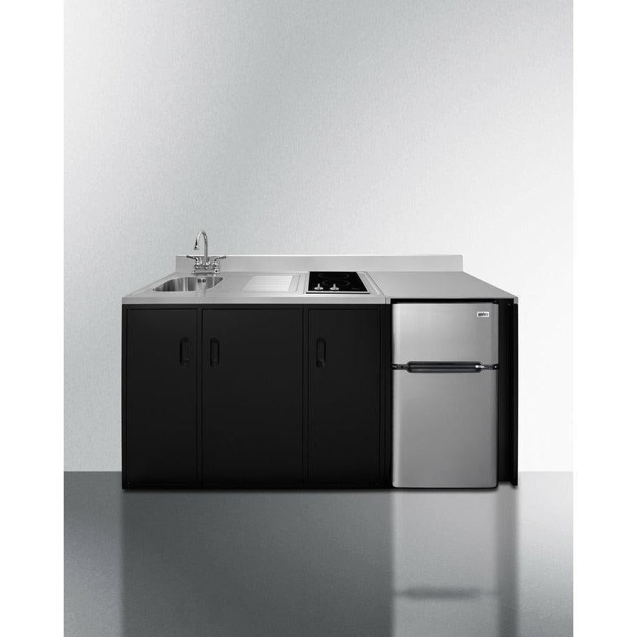Summit 72" All-In-One Kitchenette with 3.2 cu. ft. Refrigerator-Freezer, 2 Element Electric Cooktop, Sink and Storage Cabinet in Black - CK72ADASINK - The Home Selection