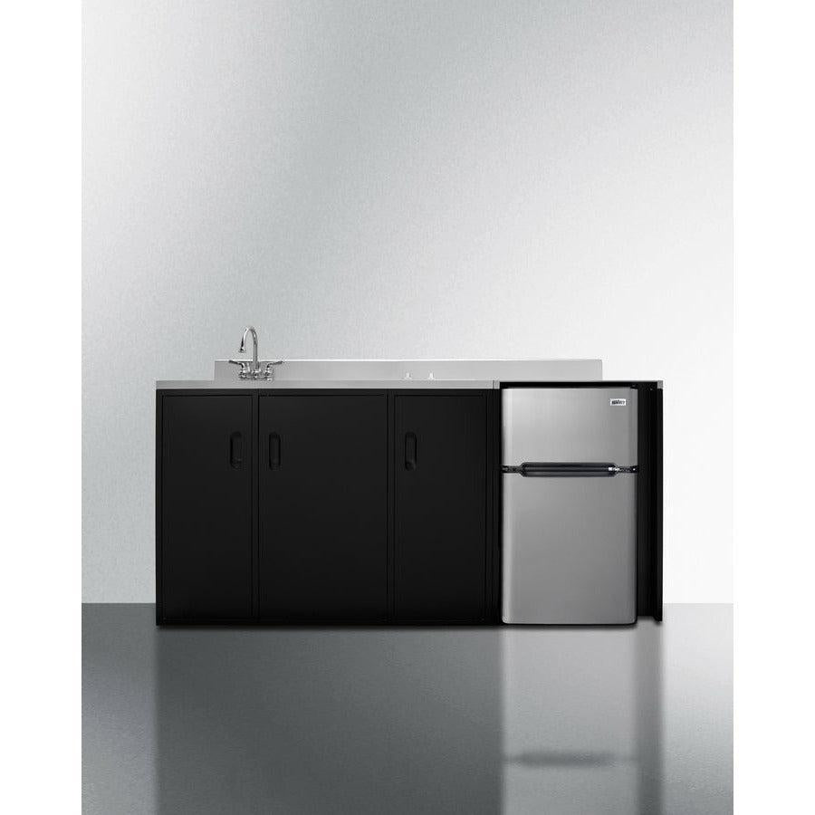 Summit 72" All-In-One Kitchenette with 3.2 cu. ft. Refrigerator-Freezer, 2 Element Electric Cooktop, Sink and Storage Cabinet in Black - CK72ADASINK - The Home Selection