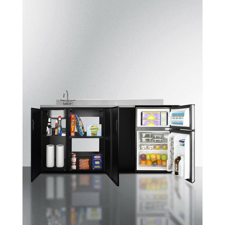 Summit 72" All-In-One Kitchenette with 3.2 cu. ft. Refrigerator-Freezer, 2 Element Electric Cooktop, Sink and Storage Cabinet in Black - CK72ADASINK - The Home Selection