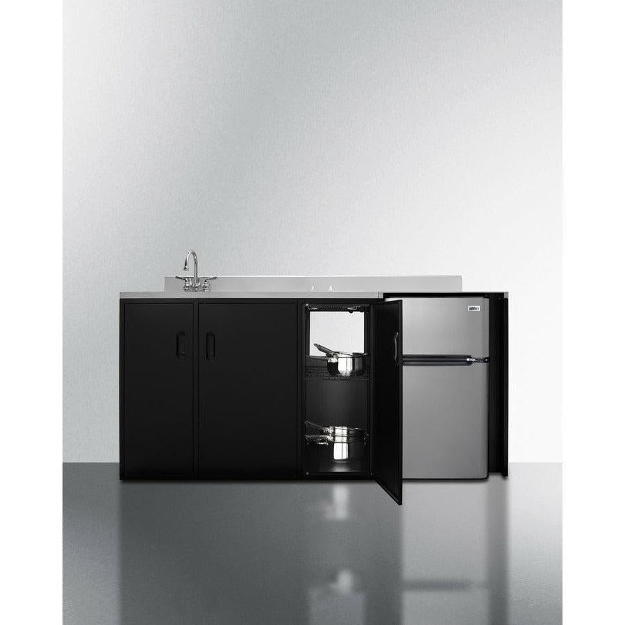 Summit 72" All-In-One Kitchenette with 3.2 cu. ft. Refrigerator-Freezer, 2 Element Electric Cooktop, Sink and Storage Cabinet in Black - CK72ADASINK - The Home Selection