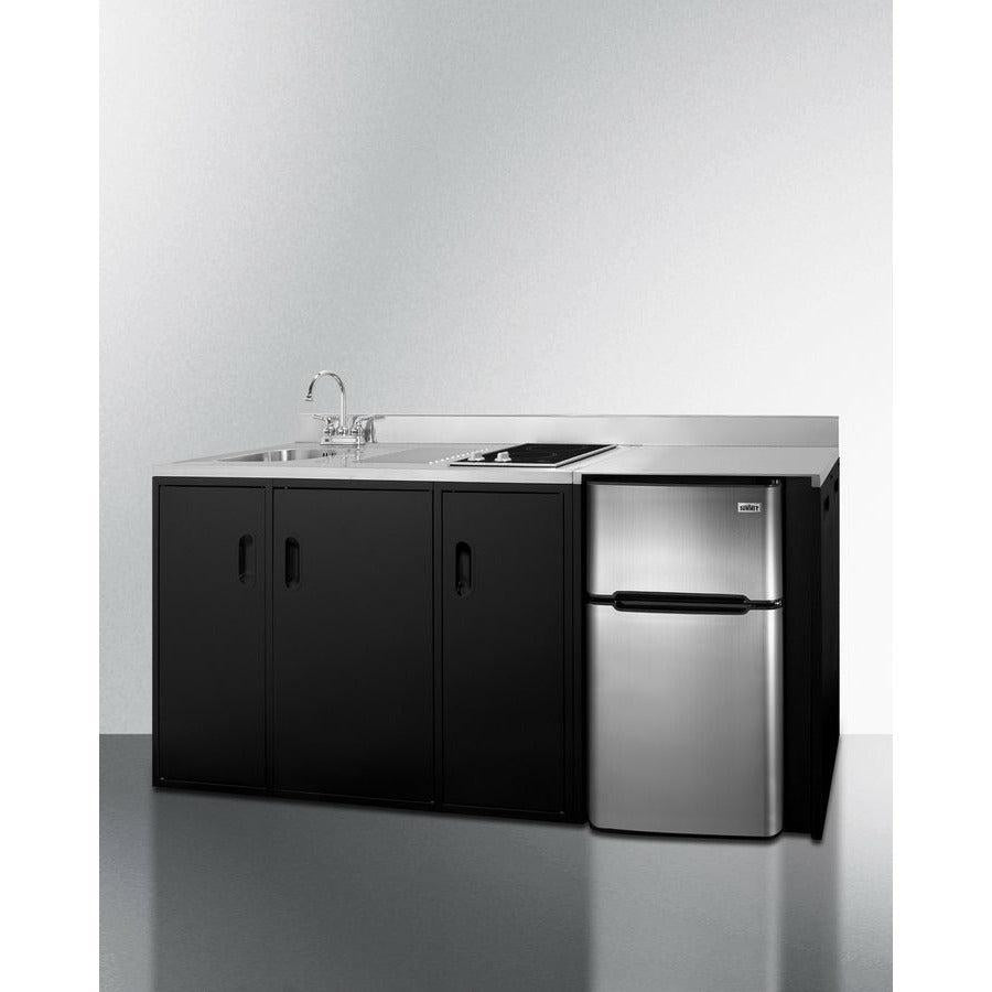 Summit 72" All-In-One Kitchenette with 3.2 cu. ft. Refrigerator-Freezer, 2 Element Electric Cooktop, Sink and Storage Cabinet in Black - CK72ADASINK - The Home Selection