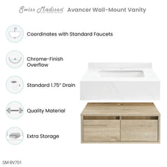 Swiss Madison ﻿Avancer 24" Wall-Mounted Bathroom Vanity in Calacatta and White Oak - SM-BV700 - The Home Selection