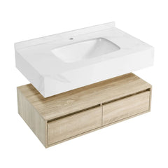 Swiss Madison ﻿Avancer 36" Wall-Mounted Bathroom Vanity in Calacatta and White Oak - SM-BV701 - The Home Selection