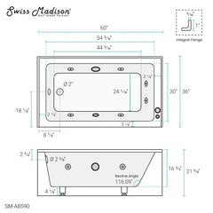 Swiss Madison Avancer 60" x 36" Left-Hand Drain Rectangular Alcove Whirlpool Bathtub with Apron - SM-AB590 - The Home Selection