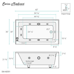 Swiss Madison Avancer 60" x 36" Right-Hand Drain Rectangular Alcove Whirlpool Bathtub with Apron - SM-AB591 - The Home Selection