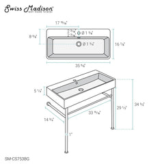 Swiss Madison Carre 36" Ceramic Console Sink Matte Black Basin Brushed Gold Legs - SM-CS753BG - The Home Selection