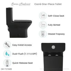 Swiss Madison Carre One Piece Square Toilet Dual Flush 1.1/1.6 gpf with 10" Rough-In, Matte Black - SM-1T276MB - The Home Selection