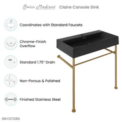 Swiss Madison Claire 30" Ceramic Console Sink Matte Black Basin Brushed Gold Legs - SM-CS752BG - The Home Selection