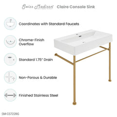 Swiss Madison Claire 30" Ceramic Console Sink White Basin Brushed Gold Legs - SM-CS722BG - The Home Selection