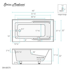 Swiss Madison Claire 60" x 32" Left-Hand Drain Drain Alcove Tub with Corner Apron - SM-AB570 - The Home Selection