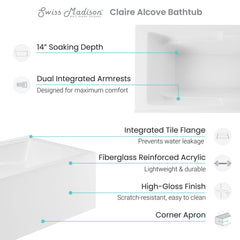 Swiss Madison Claire 60" x 32" Left-Hand Drain Drain Alcove Tub with Corner Apron - SM-AB570 - The Home Selection