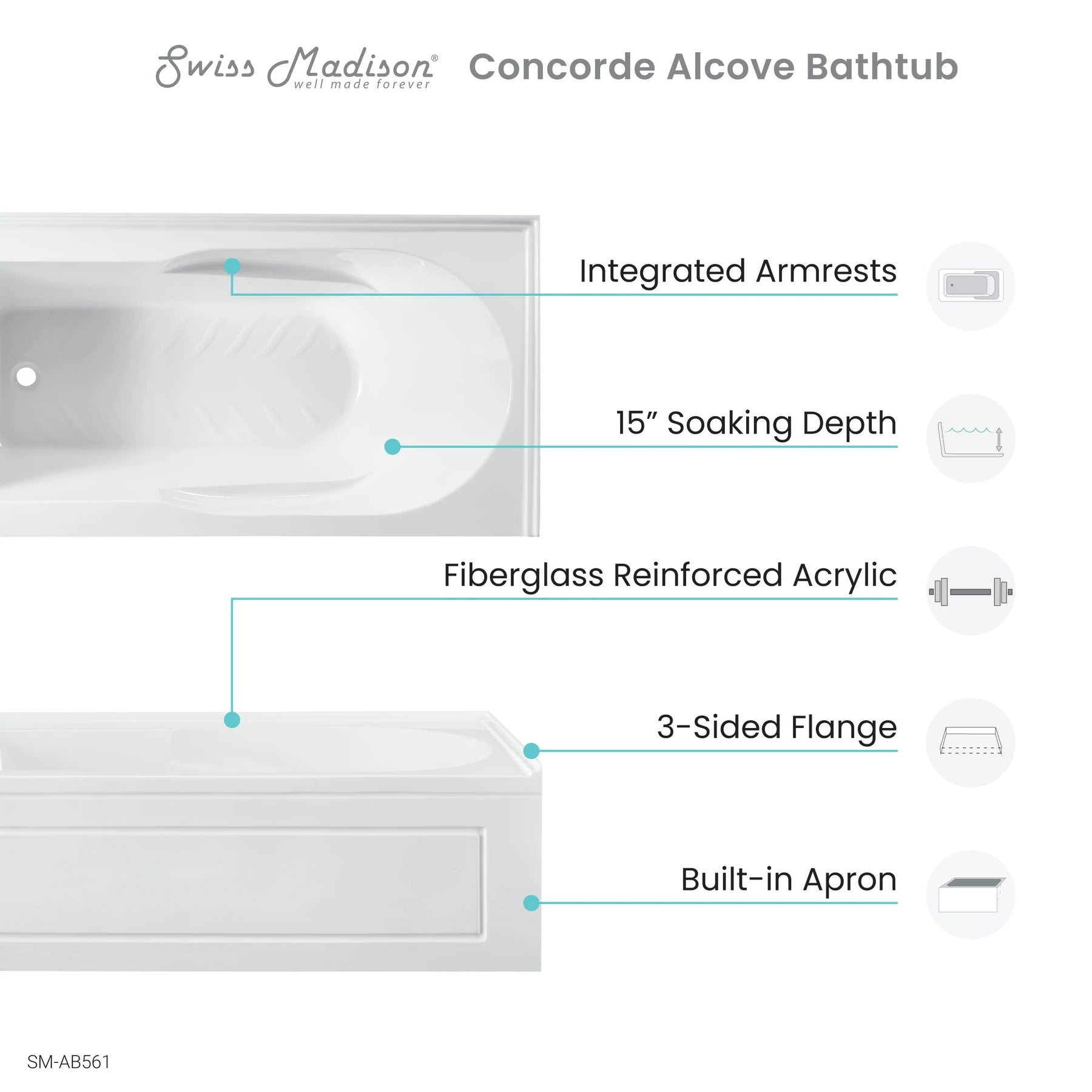 Swiss Madison Concorde 60 in. x 32 in. Acrylic Glossy White, Alcove, Integral, Left-Hand Drain, Apron Bathtub - SM-AB561 - The Home Selection