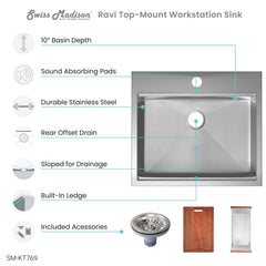 Swiss Madison Ravi Single Basin 25 x 22 Topmount Kitchen Workstation Sink - SM-KT769 - The Home Selection
