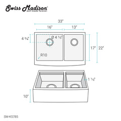 Swiss Madison Rivage 33 x 22 Dual Basin Apron Kitchen Workstation Sink - SM-KS785 - The Home Selection