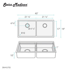 Swiss Madison Rivage 45 x 19 Dual Basin Undermount Kitchen Workstation Sink - SM-KU755 - The Home Selection