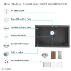 Swiss Madison Tourner 30" x 19" Stainless Steel, Single Basin, Undermount Kitchen Workstation Sink- SM-KU800 - The Home Selection