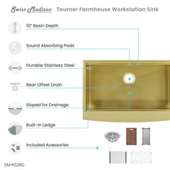 Swiss Madison Tourner 33" x 22" Stainless Steel, Single Basin, Farmhouse Kitchen Workstation Sink with Apron - SM-KS28 - The Home Selection