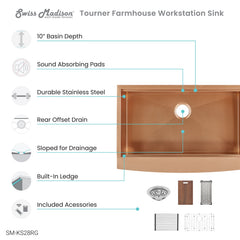 Swiss Madison Tourner 33" x 22" Stainless Steel, Single Basin, Farmhouse Kitchen Workstation Sink with Apron - SM-KS28 - The Home Selection