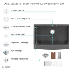 Swiss Madison Tourner 33" x 22" Stainless Steel, Single Basin, Farmhouse Kitchen Workstation Sink with Apron - SM-KS28 - The Home Selection