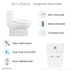 Swiss Madison ﻿﻿﻿Virage One Piece Elongated ﻿Toilet with Touchless Retrofit Dual Flush 1.1/1.6 gpf - SM-1TK118 - The Home Selection