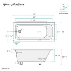 Swiss Madison Voltaire 54 in x 30 in Acrylic Glossy White, Alcove, Integral Left-Hand Drain, Bathtub - SM-AB562 - The Home Selection