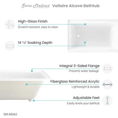 Swiss Madison Voltaire 54 in x 30 in Acrylic Glossy White, Alcove, Integral Left-Hand Drain, Bathtub - SM-AB562 - The Home Selection