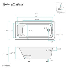 Swiss Madison Voltaire 54 in x 30 in Acrylic Glossy White, Alcove, Integral Right-Hand Drain, Bathtub - SM-AB563 - The Home Selection