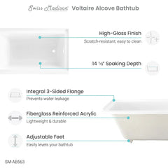 Swiss Madison Voltaire 54 in x 30 in Acrylic Glossy White, Alcove, Integral Right-Hand Drain, Bathtub - SM-AB563 - The Home Selection