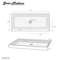 Swiss Madison Voltaire 60" X 30" Center Drain, Shower Base - SM-SB5 - The Home Selection
