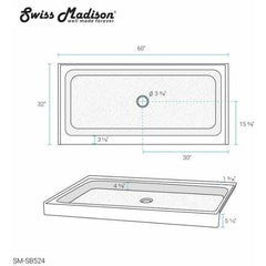 Swiss Madison Voltaire 60" x 32" Center Drain, Shower Base - SM-SB5 - The Home Selection