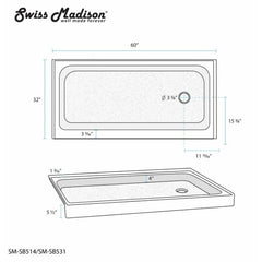Swiss Madison Voltaire 60" X 32" Right-Hand Drain, Shower Base - SM-SB5 - The Home Selection