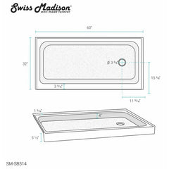 Swiss Madison Voltaire 60" x 32" Right-Hand Drain, Shower Base - SM-SB514 - The Home Selection
