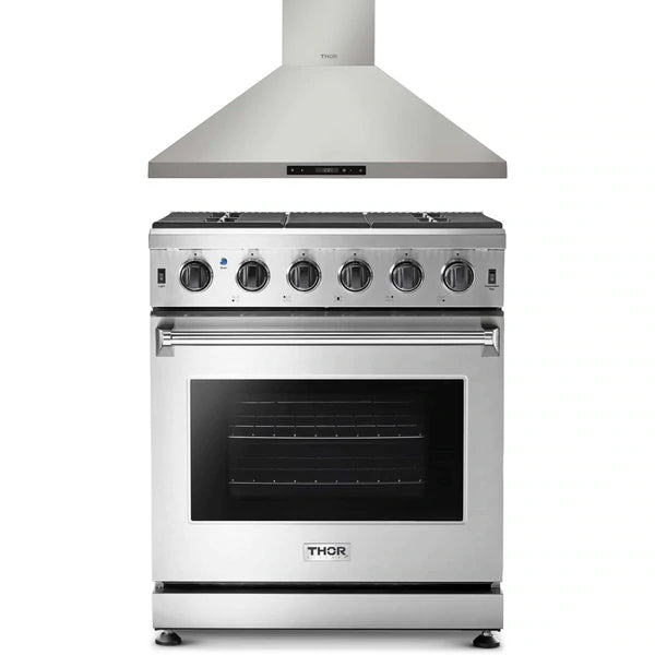 Thor Kitchen 2-Piece Appliance Package - 30" Gas Range & Premium Wall Mounted Hood in Stainless Steel