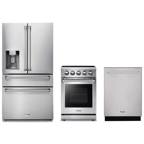 Thor Kitchen 3-Piece Appliance Package - 24-Inch Electric Range, Refrigerator with Water Dispenser, & Dishwasher in Stainless Steel