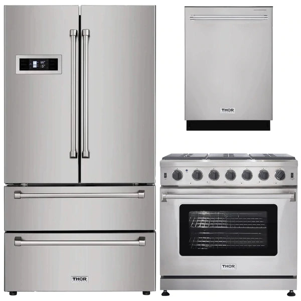 Thor Kitchen 3-Piece Appliance Package - 36" Gas Range, Dishwasher & Refrigerator in Stainless Steel