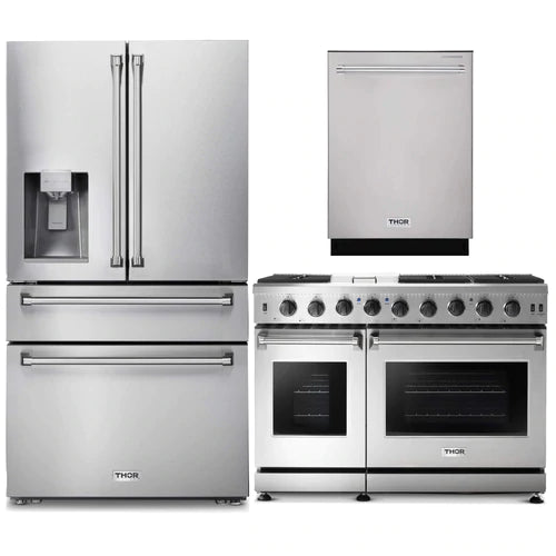 Thor Kitchen 3-Piece Appliance Package - 48-Inch Gas Range, Dishwasher & Refrigerator with Water Dispenser in Stainless Steel